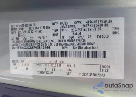 2023 Ford Transit Xl из США, поврежденный, VIN 1FBAX2C85PKB42666